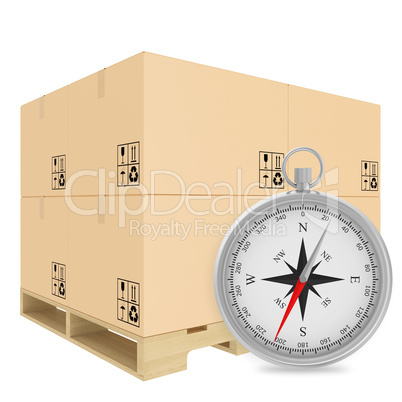 Paper covered boxes on wooden pallet with a compass standing next