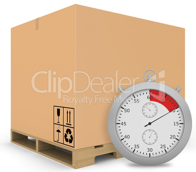 Paper covered boxes on wooden pallet with a stopwatch standing next