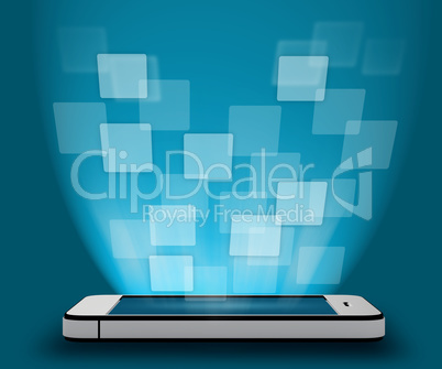 Flying squares over a mobile phone on blue background with glow