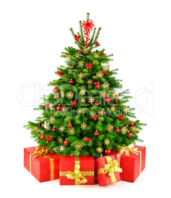 Weihnachtsbaum mit Strohsternen und Geschenken