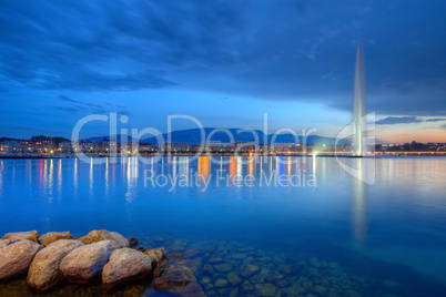 Geneva panorama with famous fountain, Switzerland, HDR