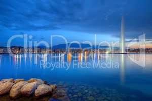 Geneva panorama with famous fountain, Switzerland, HDR