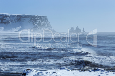 Wide lens capture of three pinnacles of Vik, South Iceland