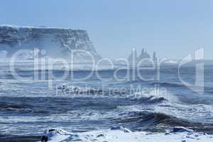 Wide lens capture of three pinnacles of Vik, South Iceland