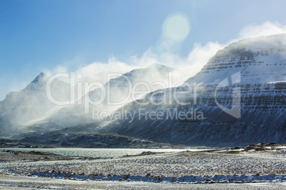 Snowy mountain landscape, East Iceland