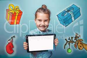 teen girl  holding a tablet New Year gifts around Christmas reindeer sketch mitten