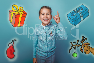 Christmas teen girl raised her thumbs up from behind a sketch deer gifts mitten new year