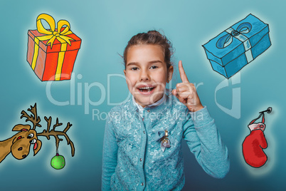 Christmas girl teen raised her thumbs up from behind a sketch deer gifts mitten new year