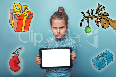 Christmas girl teen angry frown keeps tablet sketch deer gifts new year mitten