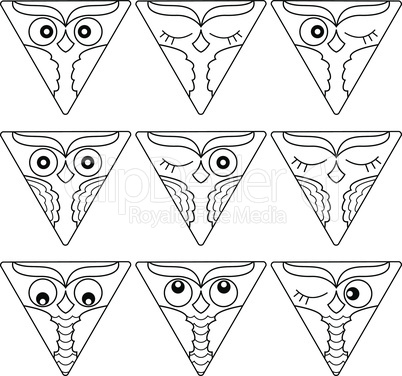 Nine owl faces in a triangle shapes