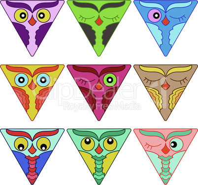 Nine cute owl faces in triangle shapes