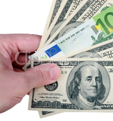 hand with dollar and euro on white