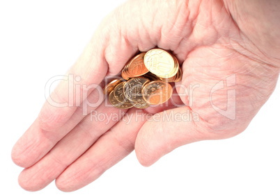 hand with copper coins on white