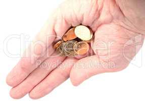 hand with copper coins on white