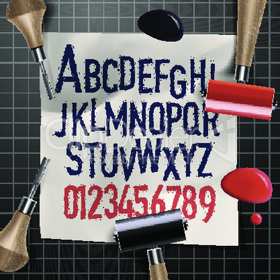 Engraving  letters and numbers, alphabet for creating vintage design, vector illustration.
