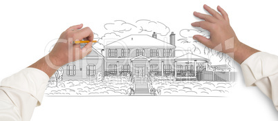 Male Hands Sketching A Beautiful House