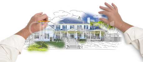 Male Hands Sketching House with Photo Showing Through
