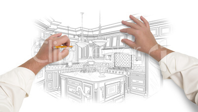 Male Hands Sketching Beautiful Custom Kitchen