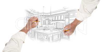 Two Male Hands Sketching Beautiful Custom Kitchen