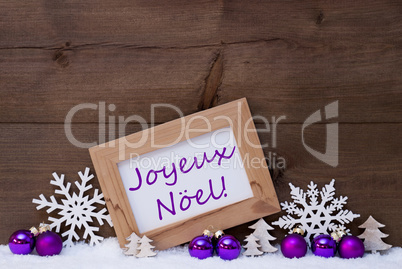 Purple Decoration, Snow, Joyeux Noel Mean Merry Christmas