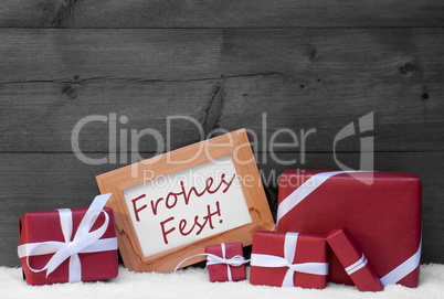 Red, Gray Decoration, Gifts, Snow, Frohes Fest, Merry Christmas