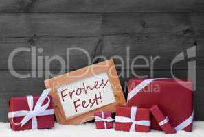 Red, Gray Decoration, Gifts, Snow, Frohes Fest, Merry Christmas