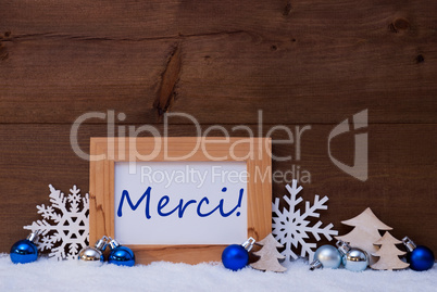 Blue Christmas Decoration, Snow, Merci Means Thank You