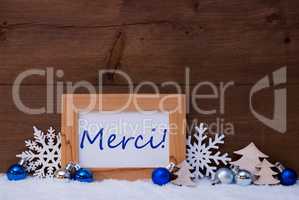 Blue Christmas Decoration, Snow, Merci Means Thank You