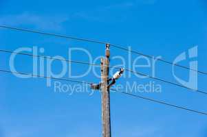 Old simple rural wood electrical pole on blue sky