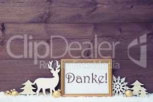 Vintage White And Golden Christmas Card, Snow, Danke Mean Thanks