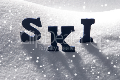 Blue Word Ski On Snow, Snowflakes