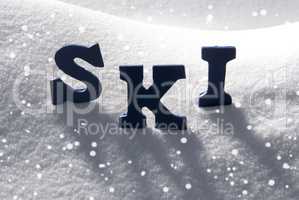 Blue Word Ski On Snow, Snowflakes