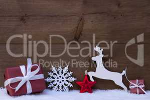 Red Christmas Card With Decoration, Copy Space, Snow