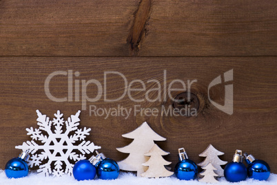Blue Christmas Card With Decoration, Snow, Copy Space