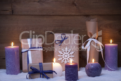 Purple Christmas Gifts With Candles, Snow