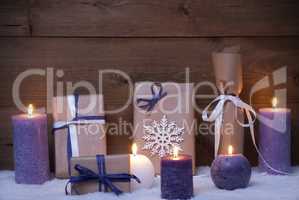 Purple Christmas Gifts With Candles, Snow