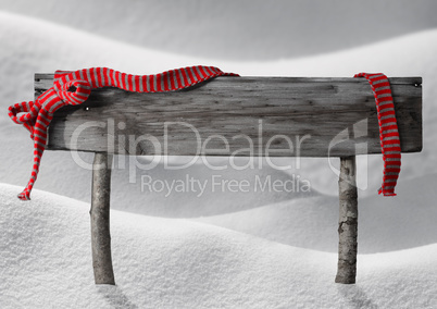 Gray Christmas Sign Copy Space Snow, Red Ribbon