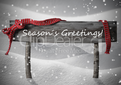 Christmas Sign Seasons Greetings Snow, Red Ribbon, Snowflakes Christmas Sign Seasons Greetings Snow, Red Ribbon, Snowflakes