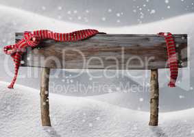 Brown Christmas Sign Copy Snow, Red Ribbon, Snowflakes