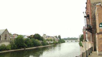 Landscape, Grand River waterfront and houses