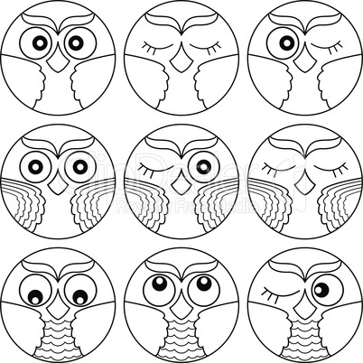 Nine owl faces in circle shapes