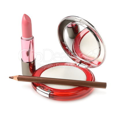 Powder, lipstick and eyeliner pencil