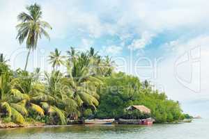 Equatorial forest and boats on the lake