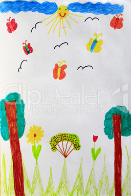 Children's drawing with butterflies trees and flowers