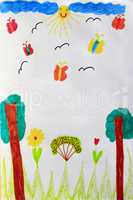 Children's drawing with butterflies trees and flowers