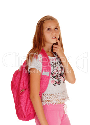 Schoolgirl thinking with backpack.