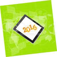 tablet pc or smart phone on business digital touch screen, world map, happy new year 2016 concept