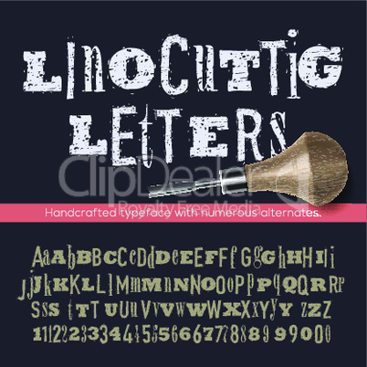 Linocut letters and numbers, alphabet for creating vintage design, vector illustration.