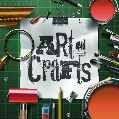 Art and crafts template with artist tools, vector illustration.