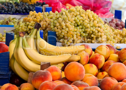 Fresh Organic Peaches, Grapes And Bananas